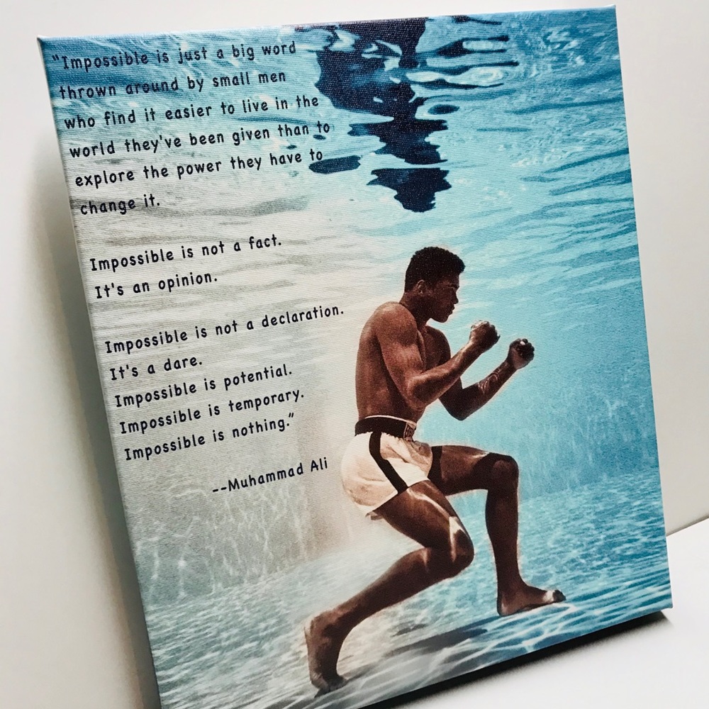 Ali training under water with a quote canvas print wall art size 12x14 inches